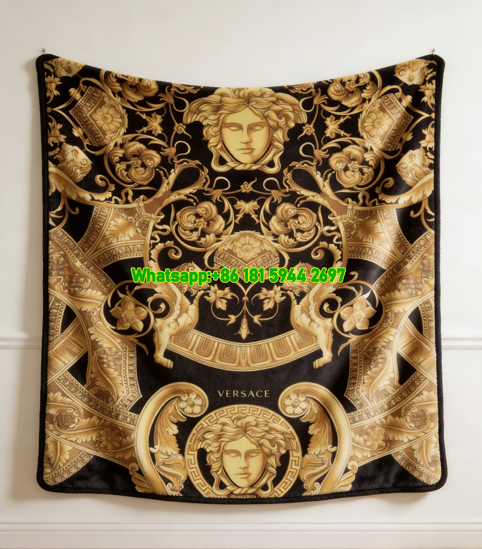 Versace Black Gold Medusa Baroque Griffin Print Flannel Sofa Throw Blanket IMG_1316